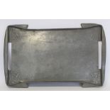 Archibald Knox for Liberty & Co., London, pewter tray with twin cut-away handles and raised