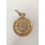 18ct gold Swiss lady's pocket watch with cylinder escapement and chased case back. 37g