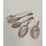 Silver butter knife 1891, a dessert spoon, Glasgow 1862 and three others, after the antique,