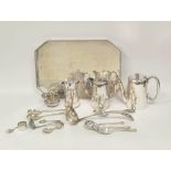 E.p. gallery tray, a flask, a hotel coffee pot and a tea pot and various other items of cutlery