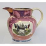 Large 19th century Sunderland pink lustre jug with polychrome transfer panels of the fortune