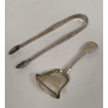 Silver fiddle pattern caddy spoon by Thomas Watson Newcastle 1823 and an engraved tongs by Richard