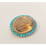 Victorian gold oval brooch with cairngorm within a border of turquoise, probably 15ct, 28mm x