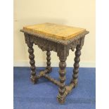 19th century carved oak side table with drop in yellow marble top, carved shell, scroll and flower