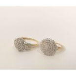 Diamond Princess cluster ring with pave brilliants and another similar, both 9ct gold, sizes 'O' and