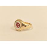 9ct gold Knights Templar ring with central red enamel Maltese cross against a white background