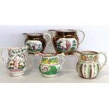 Two 19th century graduated pearlware copper lustre jugs with polychrome panels depicting faith and