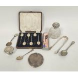 Silver circular compact, mounted scent bottle, six coffee spoons, cased and other items.