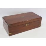 Victorian mahogany writing box of rectangular form with inlaid brass corners, escutcheon and