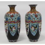 Pair of Oriental cloisonné vases of ovoid baluster form with polychrome panels and borders of