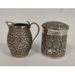 Indian embossed silver cream jug, with serpent handle and a similar jar and cover, 198g / 6oz.