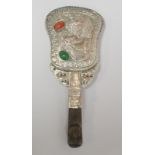 Chinese lady's hand mirror, the plated repoussé back with scrolling dragon and two oval cabochons