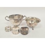 Silver octagonal sugar bowl, 1906, another 1915 and three napkin rings, 378g / 10oz.