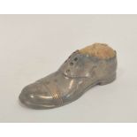 Silver pin cushion modelled as a shoe, by Blankensee Ltd Chester 1909, 12.5cm.