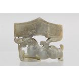 Chinese screen holder, the mottled yellow, grey and brown streaked stone with carved, pierced and