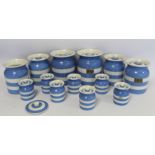 Collection of thirteen T. G. Green plain blue and white Cornish kitchenware storage jars; two x 17.