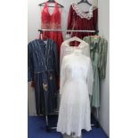 Collection of vintage lady's clothing comprising of French lace short and strapless wedding dress,