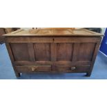 18th century oak mule chest, four panel top above four panel front and two drawers on stile