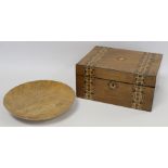 Victorian walnut workbox with inlaid marquetry banding, panel and escutcheon, the interior with lift