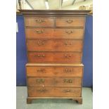 George III oak chest on chest, the upper section with moulded pediment above two short and three