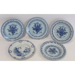 Collection of five antique blue and white Delft tin glazed plates; one decorated with a Chinese lake