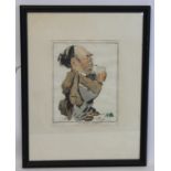 Joseph Simpson caricature self portrait hand coloured print, signed in pencil and numbered 48/100,