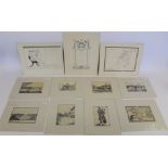 Collection of eight monochrome pen and ink drawings on modern pith type paper, depicting Talkin