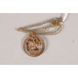 9 carat yellow gold 'Bull' pendant on chain;' 3.6g