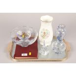 Assorted decorative glass; together with Aynsley Wild Tudor porcelain vase and assorted stamps