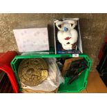 Box of assorted records; together with a brass safe plate and items