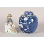 Chinese blue and white porcelain ginger jar and cover; with double circle mark; together with
