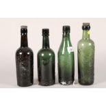 Four green glass brewery bottles to include Robert Douglas