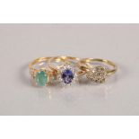 Two 9 carat yellow gold gem set rings; together with silver ring; 7.1g