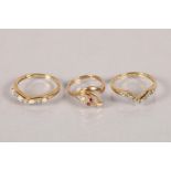 Three 9 carat yellow gold gem set rings; 5.4g