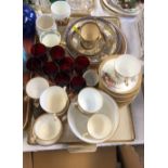 Royal Worcester part tea set, cranberry glasses and various coranation mugs