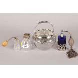 Three glass perfume atomisers; together with a silver plated mounted glass biscuit barrell