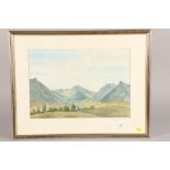 Helen Lester, 'Mountain landscape' watercolour in frame (66.4 x 52cm including mount and frame)