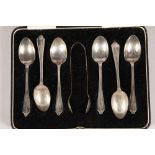 Cased set of six silver teaspoons and sugar tongs