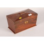 Regency mahogany tea caddy; opening to reveal three sections; (mixing bowl missing)