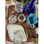 Spode Jugs, Wade jug, blue glass decanter, and other decorative items