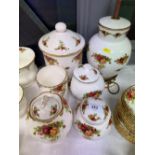 Six pieces of Royal Albert Old Country Roses to to include biscuit barrel and lamp