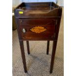 Edwardian inlaid mahogany single drawer tray top top pot cupboard; raised on square supports