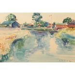 Jean Logan Primrose Gilt framed watercolour, signed 'Stream Through the Village' 30cm x 43cm