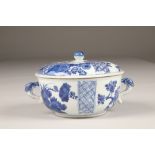 Chinese underglaze blue bowl and cover, with handles from a dragons head, decorated with panels of