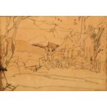 Jessie Marion King (British 1875-1949) Framed signed sketch, 'Country Landscape with Cottage' 19.5cm