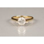 Solitaire diamond ring, set with a 0.75 carat brilliant cut diamond, unmarked yellow metal shank,