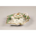 19th century Dresden porcelain ink well, mounted to leaf shaped bowl, floral decoration with a green