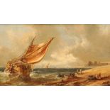 A Hunt (19th century) Gilt framed oil on board, signed 'Barges Off the Suffolk Coast' 14cm x 27cm