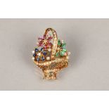 18 carat gold diamond and gem set brooch, in the form of a basket of red, blue and green flowers,