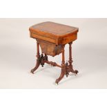 Victorian burr walnut work table with a swivel fold over games top, single fitted drawer to frieze